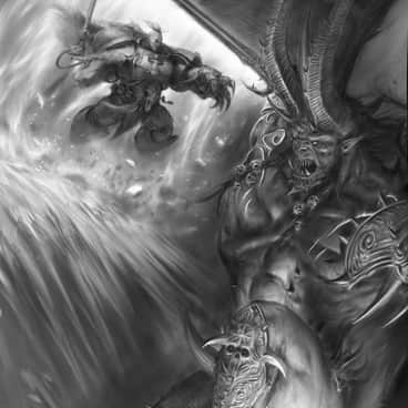 Wolf Lord vs. Bloodthirster by Adrian Smith (adriansmithartist)