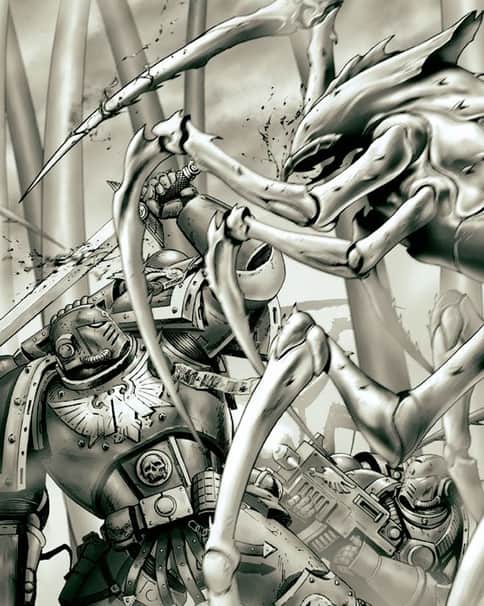 Megarachnids vs Space Marines by Karl Richardson 