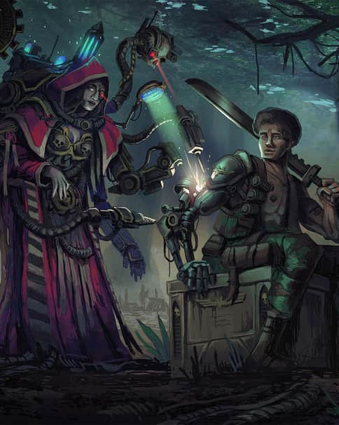Tech-priest fixes up a Catachan Guardsmen by Márton Kapoli 
