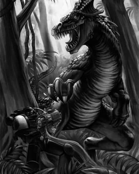 Space Marine vs Carnosaur by Alberto Bontempi 