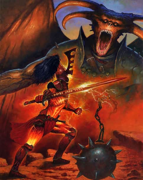 Eldar vs Greater Demon by Les Edwards