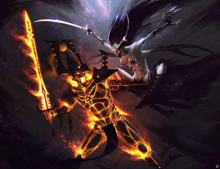 Avatar of Khaine vs Slaanesh by Nicholas Kay 