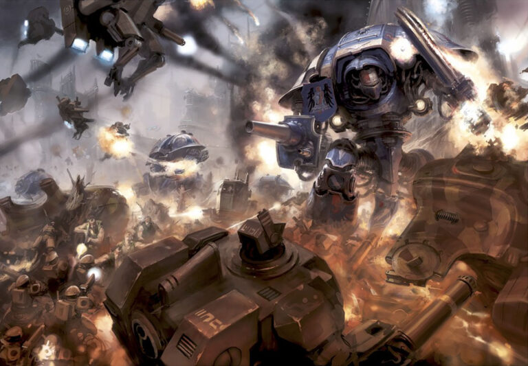 Imperial Knight vs T’au by Unknown Artists