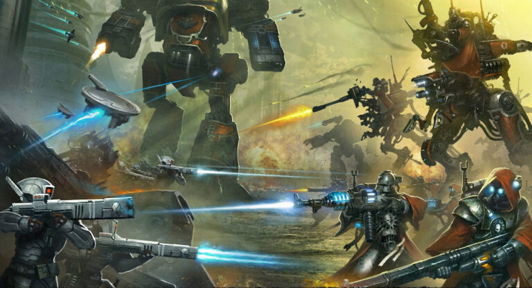 Warhound Titan vs T’au by Unknown Artists