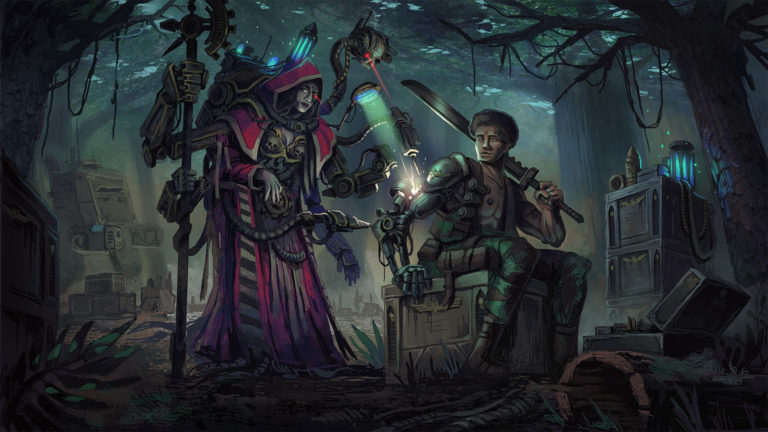 Tech-priest fixes up a Catachan Guardsmen by Márton Kapoli 