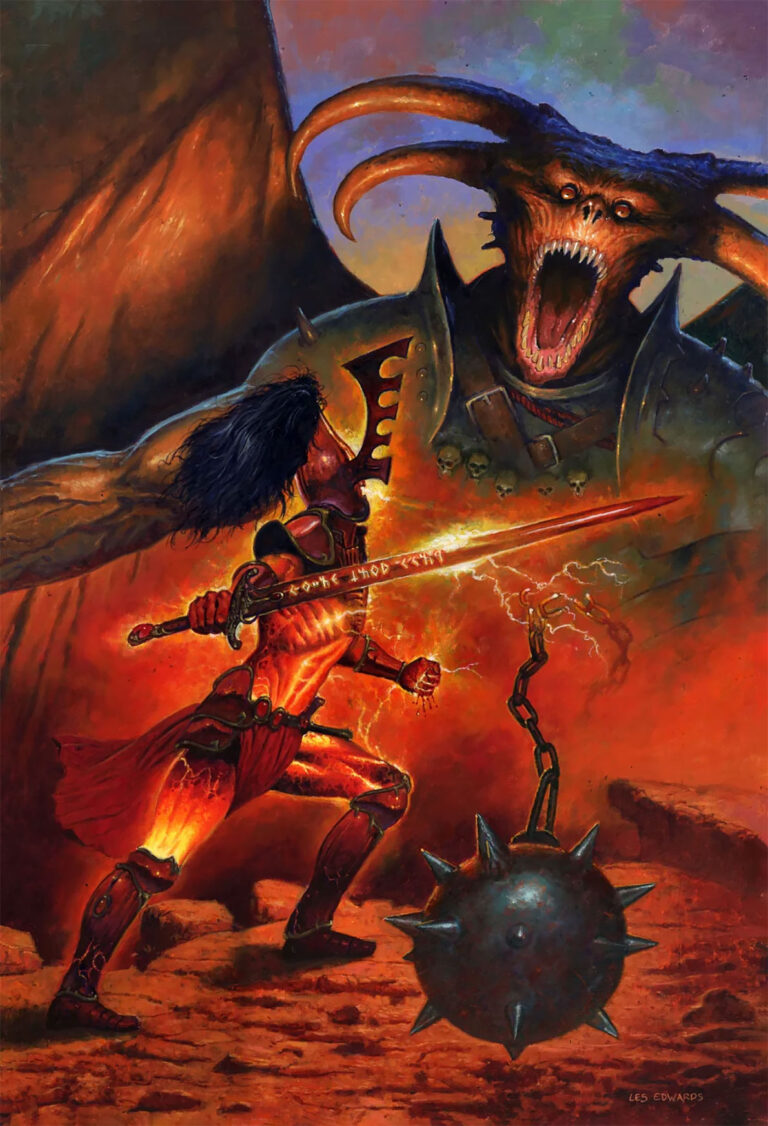 Eldar vs Greater Demon by Les Edwards