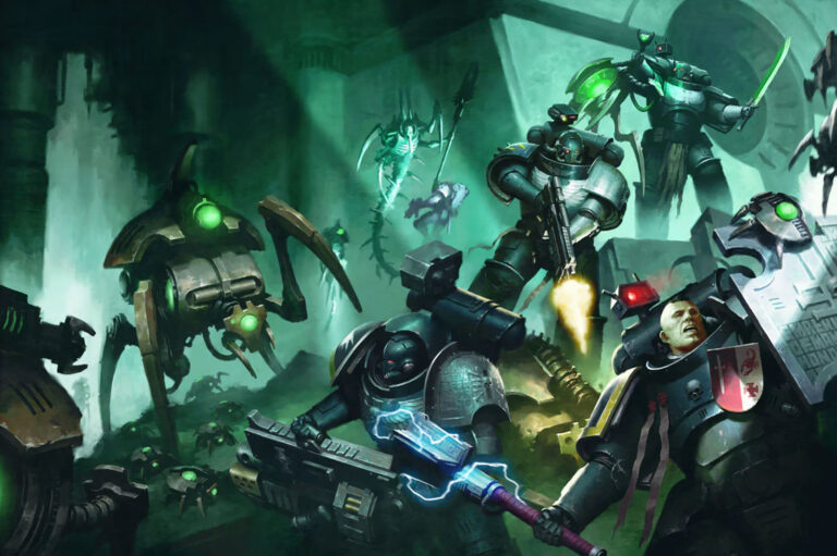 Necrons Fighting Deathwatch by Misha Savier 